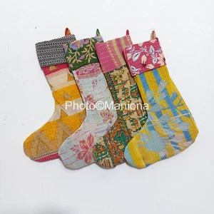 Handmade Kantha Christmas Decorative Upcycled stocking Lot of 4 pcs.set - Picture 1 of 2