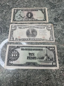 WWII Era 1942 Japanese Government Philippines Occupation 1 5 10 Peso Note Lot - Picture 1 of 6