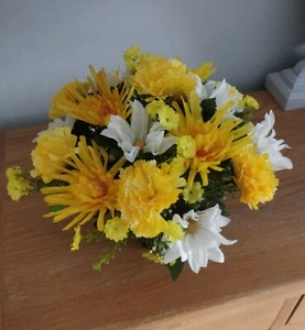 Artificial Flower Grave Arrangement Carnations Chrysanthemums Daisies Yellow - Picture 1 of 6