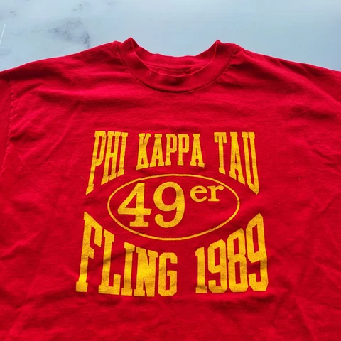 Vintage Phi Kappa Tau Fraternity Shirt Size XL USA Red 49er Fling 1989 Beefy Tee Cover