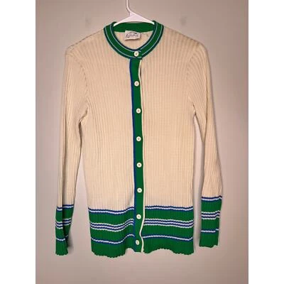 复古 20 世纪 60 年代 Leslie Fay 奶油 Kelly 绿色条纹女性 Coquette Cardigan M — 第 1/4 张图片