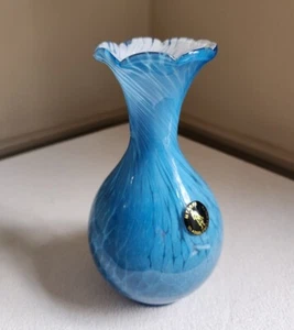 Vintage Mtarfa Glass Vase Blue And White Mottled Swirled Signed & Sticker 6 5/8" - Picture 1 of 13