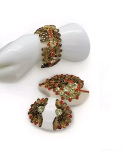 Vintage Juliana Book Piece Brown Orange Yellow Parure Earring Bracelet Brooch - Picture 1 of 16