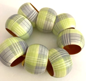 Set of 8 Wood Plaid Napkin Rings Holders Soft Green & Gray Farmhouse Country - Picture 1 of 10