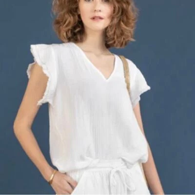 LILLA P белый оборкой рукав vneck Топ Пима хлопковая рубашка блузка размер XS - Изображение 1 из 4