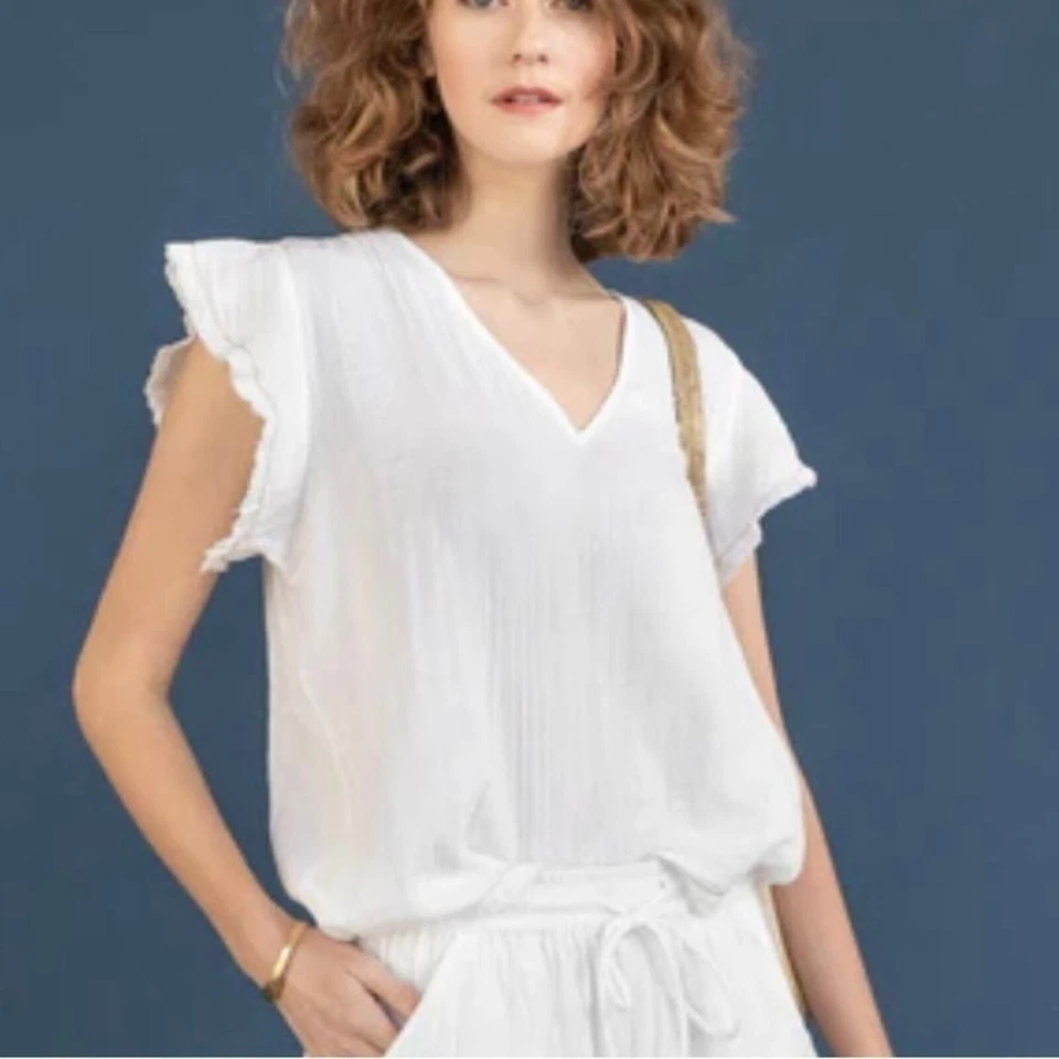 Blusa Camisa LILLA P Blanca Manga Volantes Cuello en V Top Algodón Pima Talla XS Foto 1 de 4