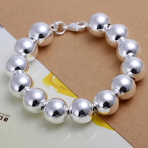 Unisex 925 Sterling Silver Bracelet Beads Balls Size 8 Inches 14MM Lobster L36 - Picture 1 of 4