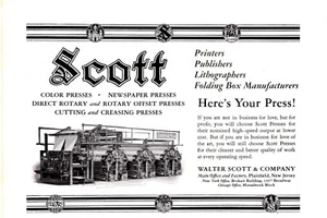 Scott Druckerpresse Walter Scott & Co. 1918/1930 Printanzeigen - Bild 1 von 2