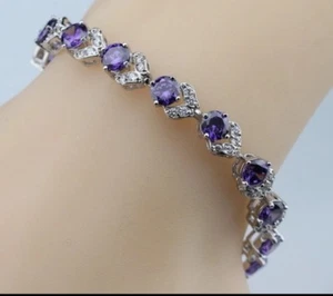 Sterling Silver 925 Purple Lab-created Amethyst Flanked White Topaz Bracelet - Picture 1 of 8