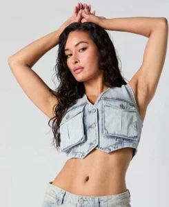 Refuge Button Up Jean Denim Cargo Jacket Vest Women Size XL Light Blue Wash Acid - Picture 1 of 14
