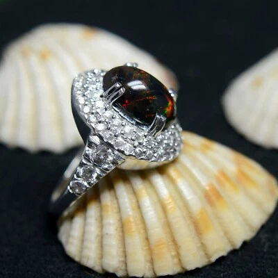 Elegante anillo de plata esterlina 925 genuino ópalo negro ovalado piedra cabujón para mujer Foto 1 de 3