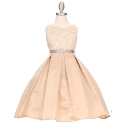 Vestido CHAMPAGNE Talla 10 Encaje Estrás Flor Niña Cumpleaños Boda Dama de honor Foto 1 de 3