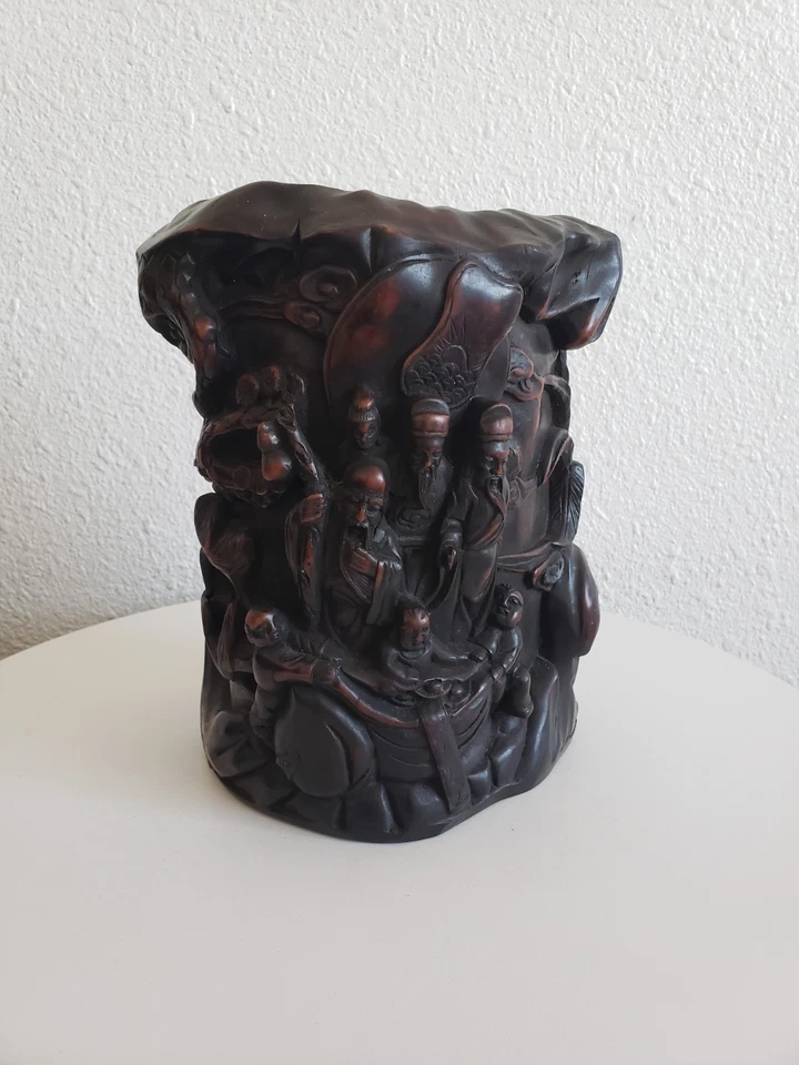 Antigua taza china tallada en resina en relieve género escena libación años 1900-1920 8"" Foto 1 de 4