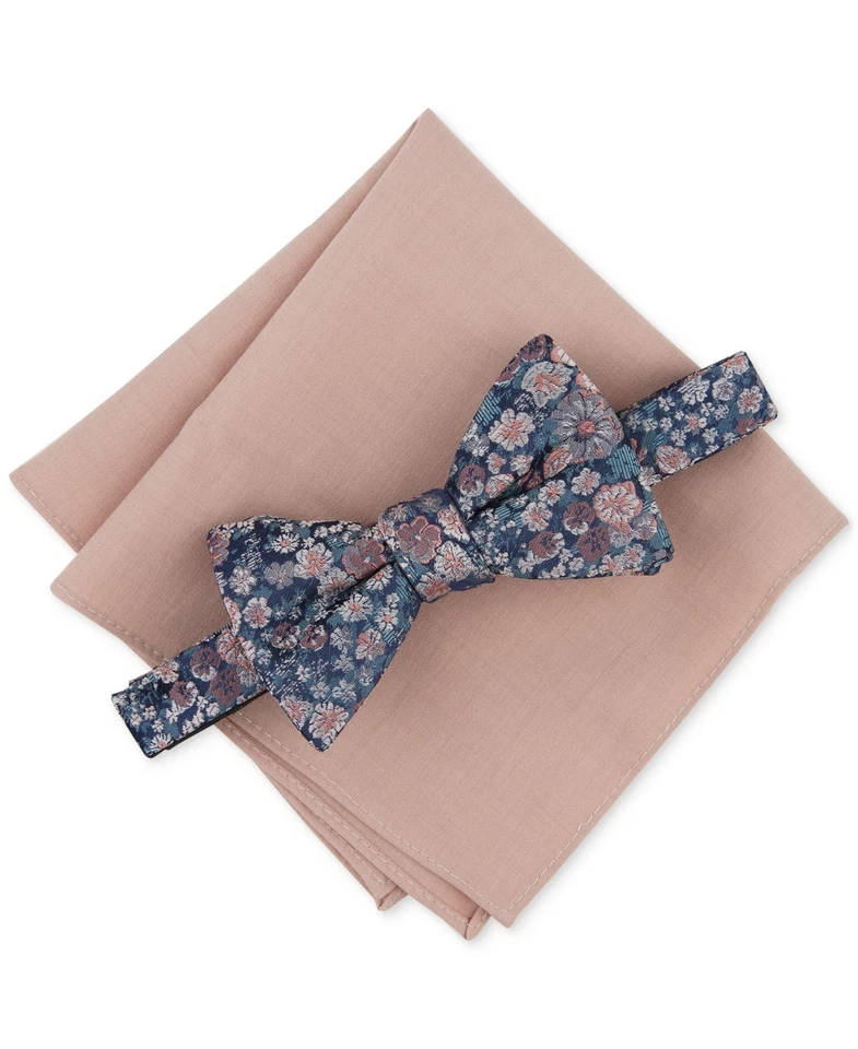 Bar Iii Mens Regular fit Bow Tie Necktie Beige Blue Floral Pocket Square Set - Image 1 of 1