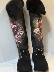 Ed Hardy Black Suede, Faux Fur Knee High Boots, Skull/Heart Design Women’s Sz 8. - Picture 1 of 15