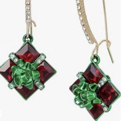 NEW BETSEY JOHNSON Crystal Christmas Present Drop Earrings Green & Red - Image 1 of 4
