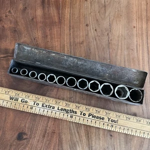 Vintage Socket 12 pc Set w Metal Case 1/2" Drive 1" to 3/8" American Made - Foto 1 di 6