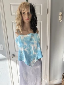 Y2K Taschentuch-Stil spitzer Saum himmelblau weiß Coud Top Fairycore XL Wasserfallausschnitt - Bild 1 von 2