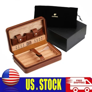 Leather Cigar Humidor Case Travel Box Holder 4 Cigar Tube Cedar Wood Gift Brown - Picture 1 of 7