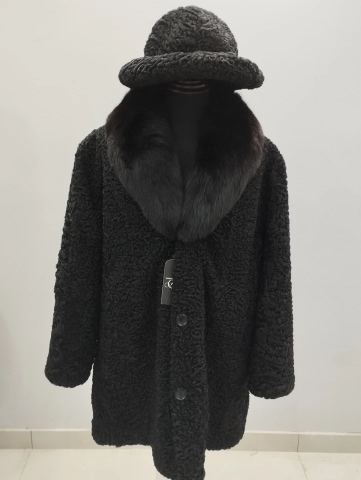 Abrigo largo de piel de cordero persa real negro para hombre cuello de piel de zorro todas las tallas venta previa Foto 1 de 4