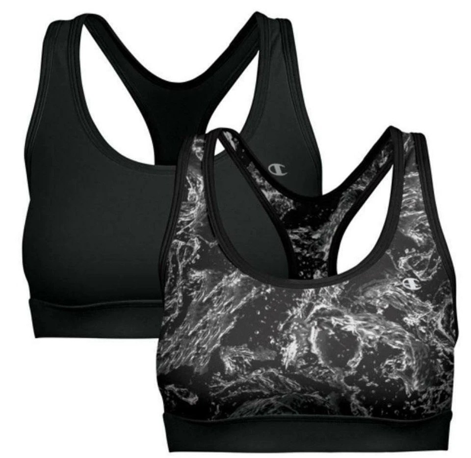 Champion 2-Pack Womens Racerback Sports Bras Medium Black & Marble Print - Image 1 of 1
