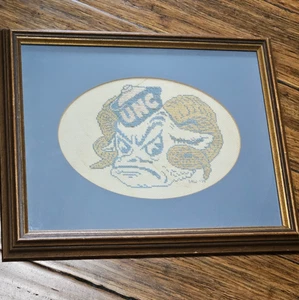 North Carolina Tar Heels Cross Stitch Rameses 16x13” Vintage Framed - Picture 1 of 7