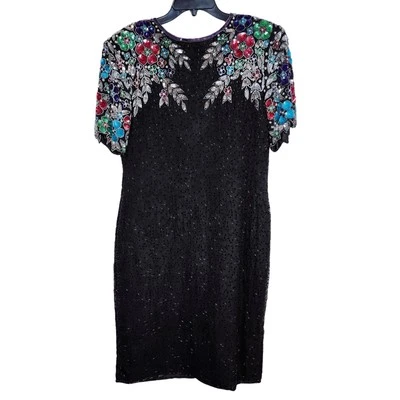 VESTIDO FORMAL VINTAGE STENAY 100 % SEDA PURA MUJER 12 LENTEJUELAS CUENTAS CREMALLERA ESPALDA ABIERTA Foto 1 de 4