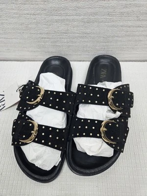 Zara Sandals Women Studded Leather Double Buckle Strap Flat Black Slip On US 6.5 - Image 1 of 4