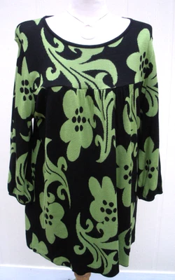 $89 INC Black Green Paisley Pleated Stretch Oversized Tunic Knit Sweater Top 1X Foto 1 de 4