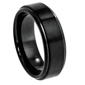 8mm Black Tungsten Ring Brushed Center Polished Stepped Edge Men’s Wedding Band - Picture 1 of 3