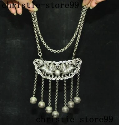 Antigua China Tibetana Plata Feng Shui León Foo Perro Estatua Pequeña Campana Amuleto Colgante Foto 1 de 4