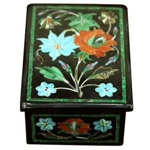 Rectangle Black Marble Jewelry Box Gemstone Inlay Work Reception Table Decor Box - Picture 1 of 5