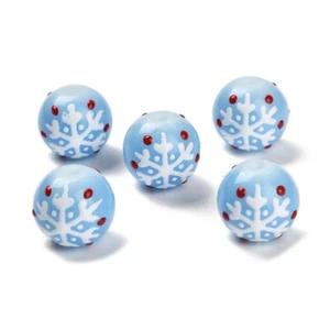 50x Christmas Handmade Lampwork Beads 13mm Light Blue Round Beads with Snowflake - Picture 1 of 3