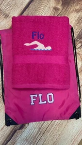 Swimming towel and bag set, embroidered with name, personalised. Swimmer motif - Picture 1 of 20