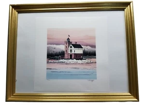 vintage signed wooden framed print of round island lighthouse Mackinac - Picture 1 of 3