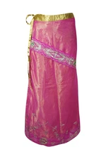 Boho Women Long Wrap Skirt Pink Gold Vintage Embroidery Reversible 2Layer Skirts