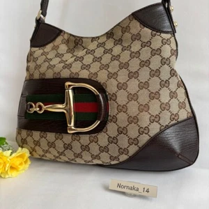 Excellent Gucci Horsebit Sherry Line Shoulder Bag GG Canvas Beige Brown G21621 - Picture 1 of 15