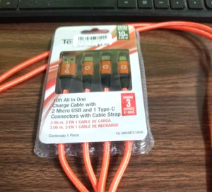 (10 Feet) ITECH ALL IN ONE CHARGE CABLE, TYPE-C, MICRO USB CONNECTORS - Picture 1 of 2