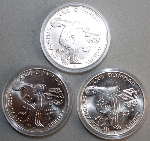 1983 P D S Olympic Discus Thrower Silver BU Dollar Commemorative Coin $1 US Coin Cover