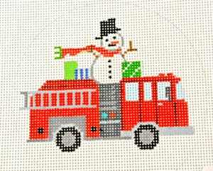 Hand-painted Needlepoint Canvas, Christmas Fire Truck, 18" mesh, NEW - Picture 1 of 1