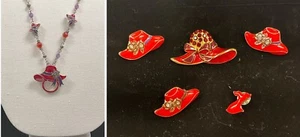 Red Hat Necklace Charm Beads Pendant 5 Red Hat and 1 Red Dress Pins - Picture 1 of 8