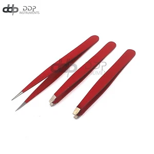 3 Slant & Pointed Tweezers Sets Eyebrow Ingrown Facial & Nose Hair (Red) Color - Picture 1 of 3