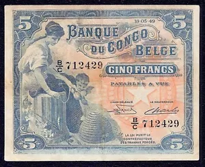 Belgian Congo 5 Francs 1949 P-13B VF - Picture 1 of 2