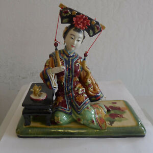 Shiwan Ceramic Figurine Oriental Lady Tasting Tea Girl Porcelain Statue 12"h