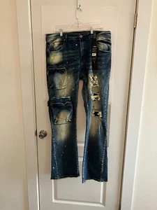 Preme Jeans Herren 38x36 Indigo Stacked Flare Fit Jeans Neu Mit Etikett - Bild 1 von 17