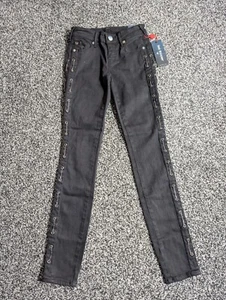 True Religion Halle Jeans 25X30 Black Mid Rise Super Skinny Gothic Chain Grunge - Picture 1 of 8