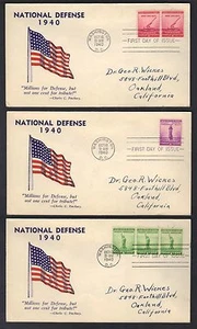 US 1940 US FLAG CACHETS ON 3 NATIONAL DEFENCE FDC's - Picture 1 of 1