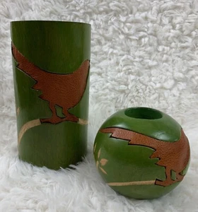 Carved Wood Set of 2 Candle Holders Large Piller & Tea Light LEATHER INLAY  Bird - Picture 1 of 12