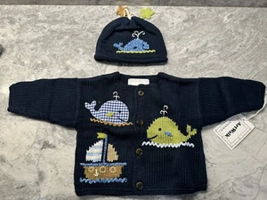 New Art Walk Blue sweater & knit hat 12 Months Baby White Whales Boats Sailboats - Picture 1 of 15