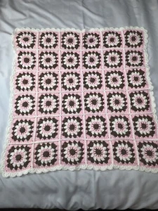 Handmade Crochet Baby Girl Blanket Afghan Pink Brown White 34x34 - Picture 1 of 10